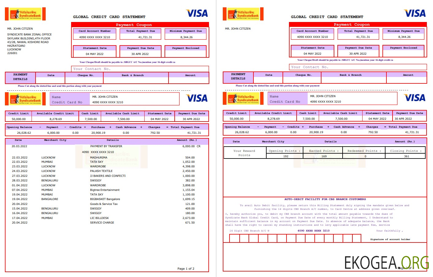 Relevé de carte de crédit bancaire USA Syndicate 3 pages